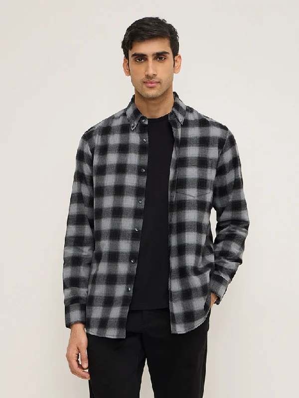 WES Casuals Black Checkered Relaxed-Fit Cotton Shirt