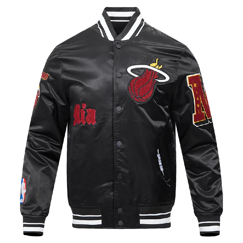 NBA MIAMI HEAT OLD ENGLISH MEN'S RIB SATIN JACKET (BLACK)