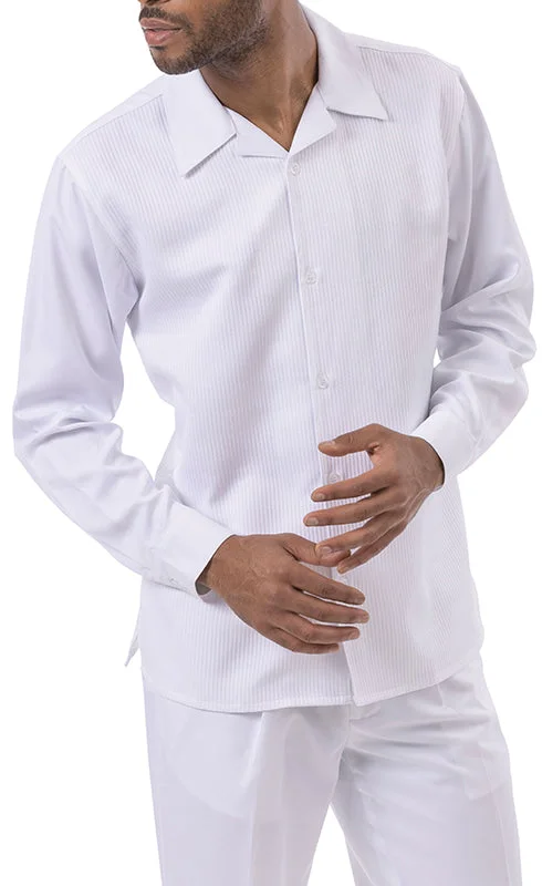 (L, 3XL) White Tone on Tone 2 Piece Long Sleeve Walking Suit Set