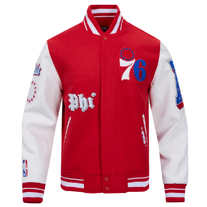 NBA PHILADELPHIA 76ERS OLD ENGLISH MEN'S RIB WOOL VARSITY JACKET (RED/WHITE)