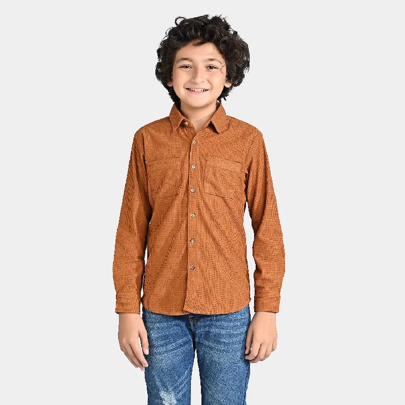 Boys Corduroy Casual Shirt F/S (Here comes fun)-BROWN