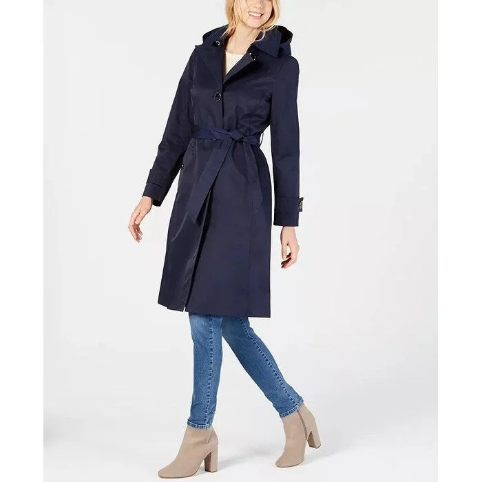 Anne Klein Women's Belted Hooded Trench Coat Dark Blue Size Medium