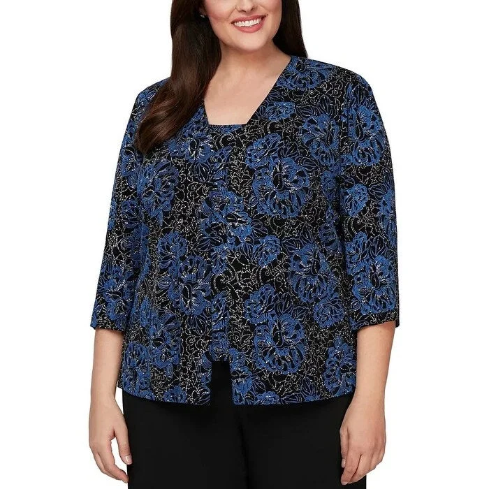 Alex Evenings Women's Plus Printed Jacket & Top Twinset Blue Size 1X