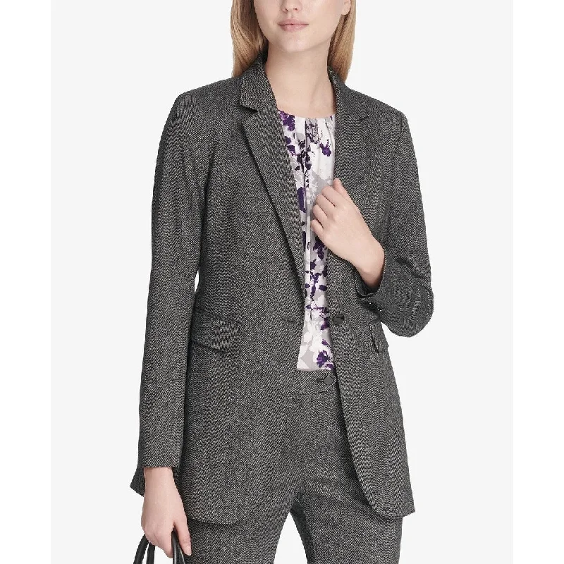 Calvin Klein Women's Herringbone One Button Jacket Med Grey Size 4 Petite - 4 Petite