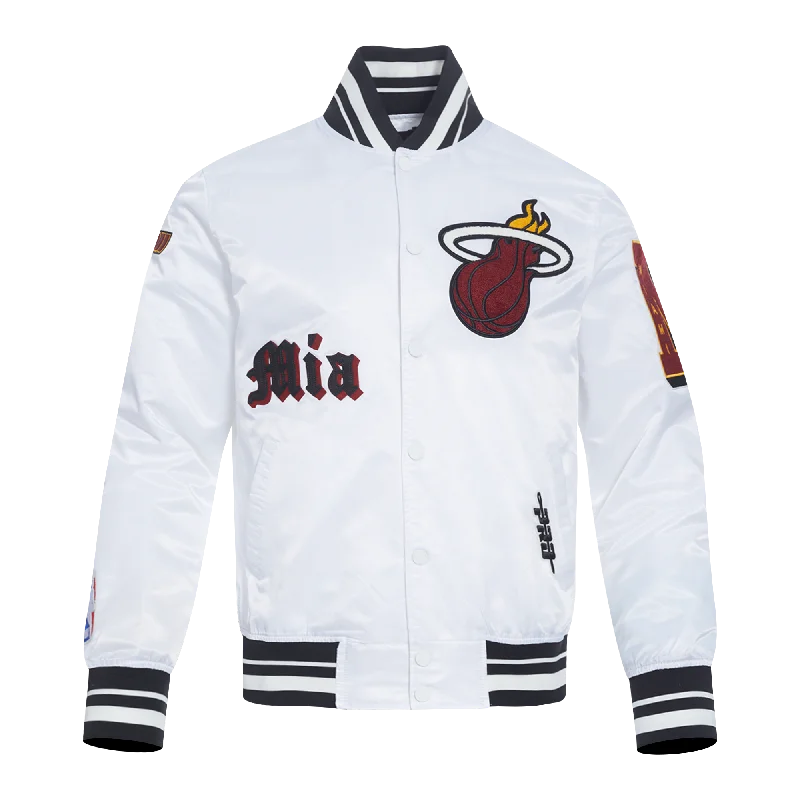 NBA MIAMI HEAT OLD ENGLISH MEN'S RIB SATIN JACKET (WHITE/BLACK)