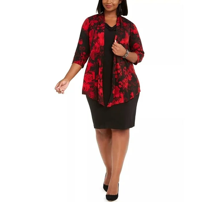 Connected Women's Plus Printed Jacket Dress Red Size Petite Small - Petite Small