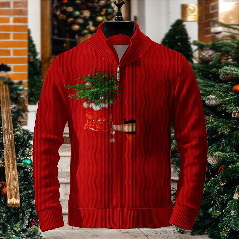 Men's Christmas Tree Gift Print Zip-Up Sweater Jacket 2409005288