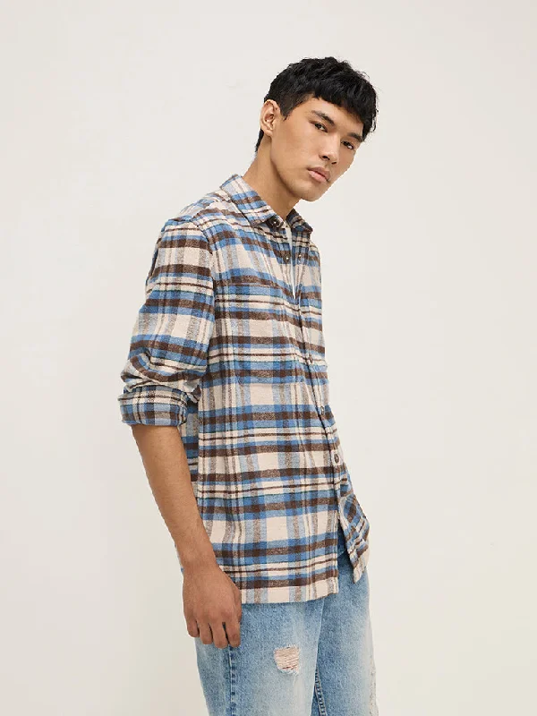 Nuon Blue Checks Pattern Relaxed-Fit Cotton Shirt