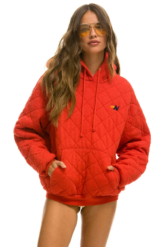 QUILTED RELAXED PULLOVER HOODIE - RED