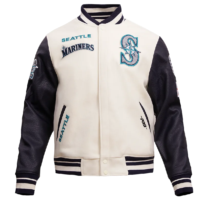 MLB SEATTLE MARINERS RETRO CLASSIC MEN'S RIB WOOL VARSITY JACKET (EGGSHELL/ MIDNIGHT NAVY)