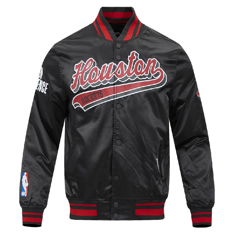 NBA HOUSTON ROCKETS SCRIPT TAIL MEN'S SATIN JACKET (BLACK/RED/BLACK)