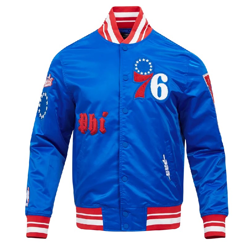 NBA PHILADELPHIA 76ERS OLD ENGLISH MEN'S RIB SATIN JACKET (ROYAL BLUE/RED)