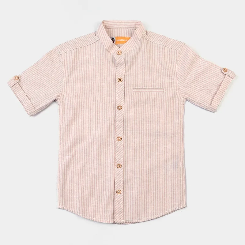 Boys Yarn Dyed Casual Shirt H/S (Tropical)-Beige Stripes