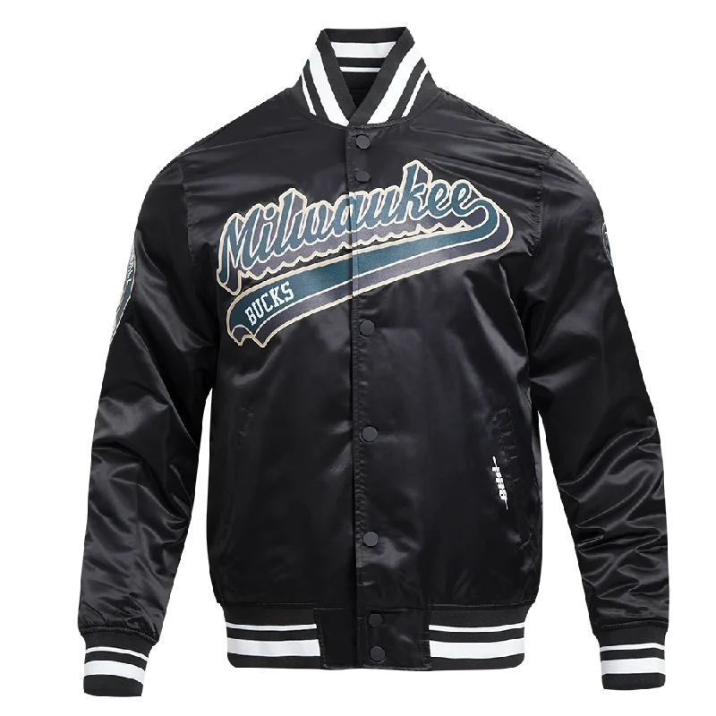 NBA MILWAUKEE BUCKS SCRIPT TAIL MEN'S SATIN JACKET (BLACK)