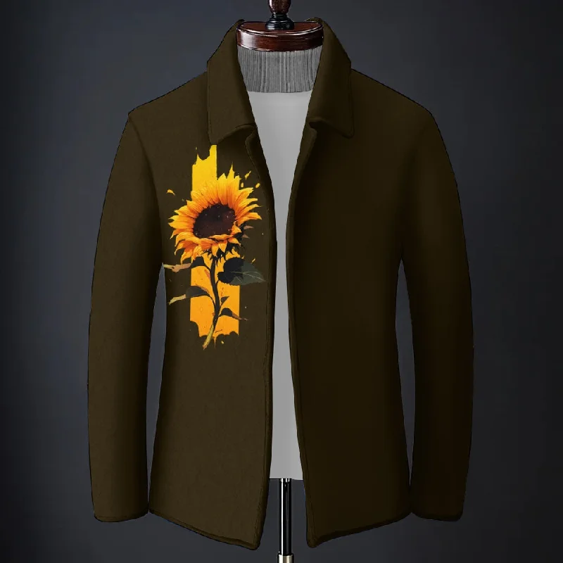 Men'S Sunflower Printed Long-Sleeved Woolen Coat 2409011459