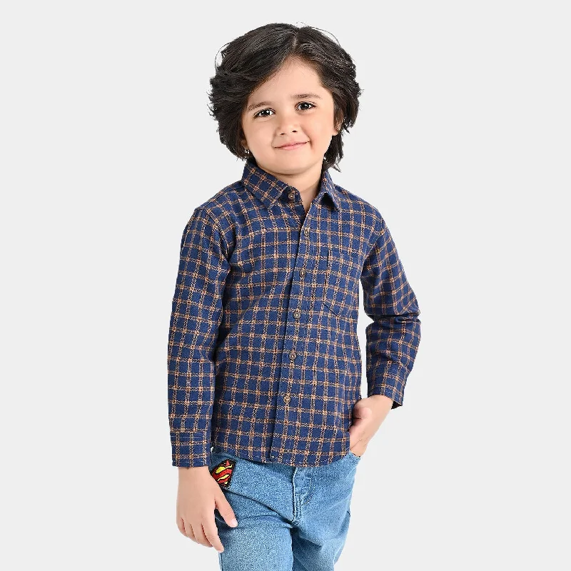 Boys Flannel Casual Shirt F/S (Contrast Patch)-NAVY