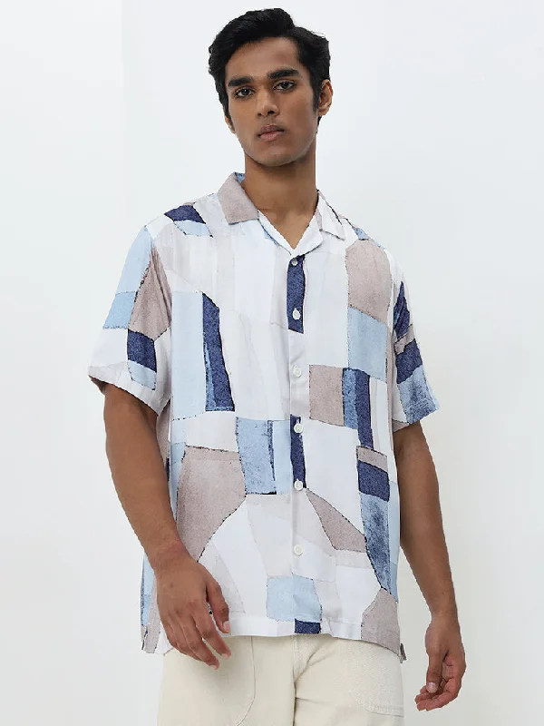 Nuon Light Blue Geometric Relaxed-Fit Shirt