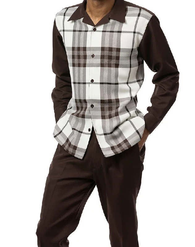 Brown Plaid 2 Piece Long Sleeve Walking Suit Set