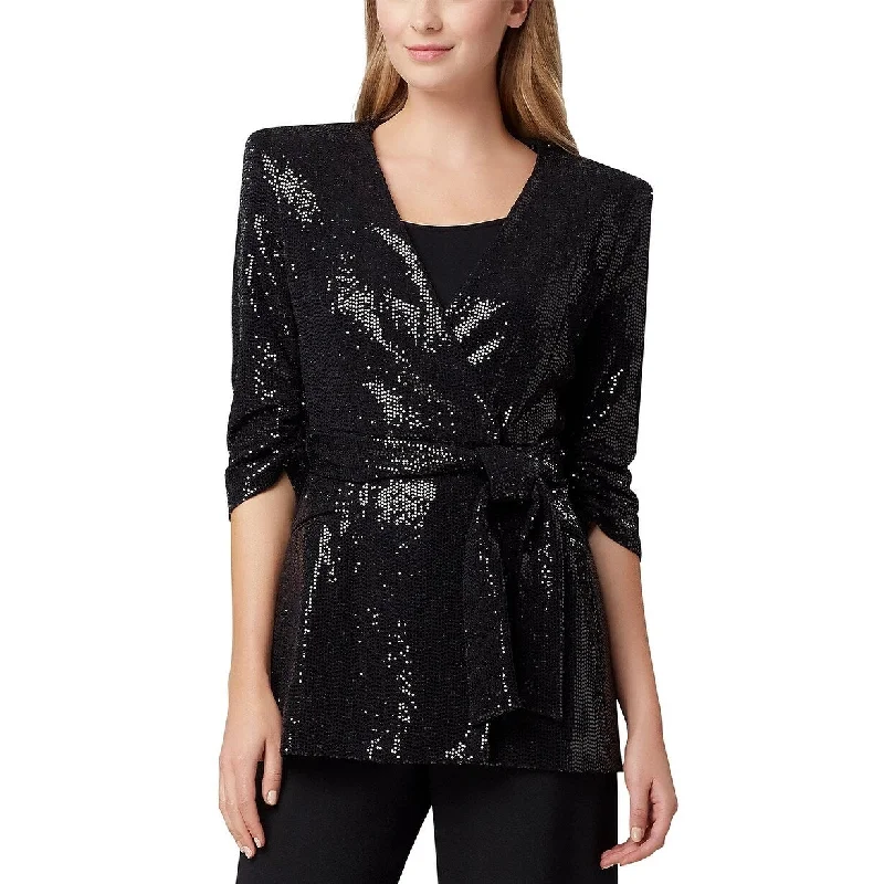 Tahari ASL Women's Sequin Tie Front Smoking Jacket Black Size Large