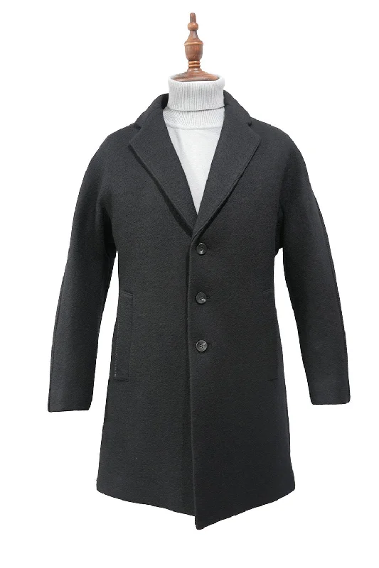 100% Wool Slim Fit 3 Button Top Coat in Black