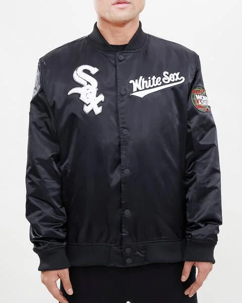 MLB CHICAGO WHITE SOX CHEST HIT MEN'SLOGO SATIN JACKET (BLACK)