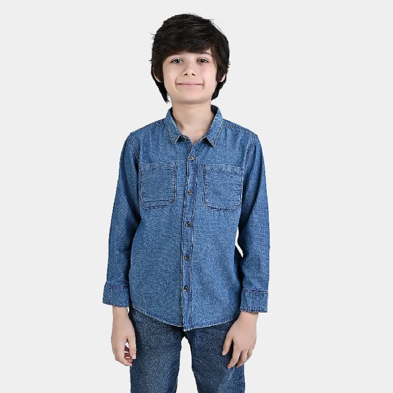 Boys Denim Shirt Pocket Styling-Mid Blue