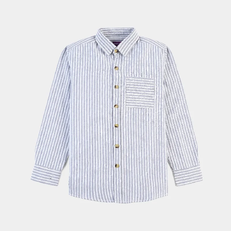 Boys Yarn Dyed Casual Shirt (All About Having Fun)-Whte.Stripe