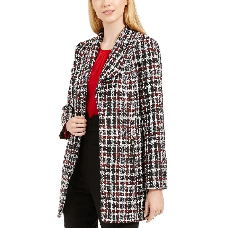 Calvin Klein Women's Petite Tweed Plaid Topper Jacket Red Size 8