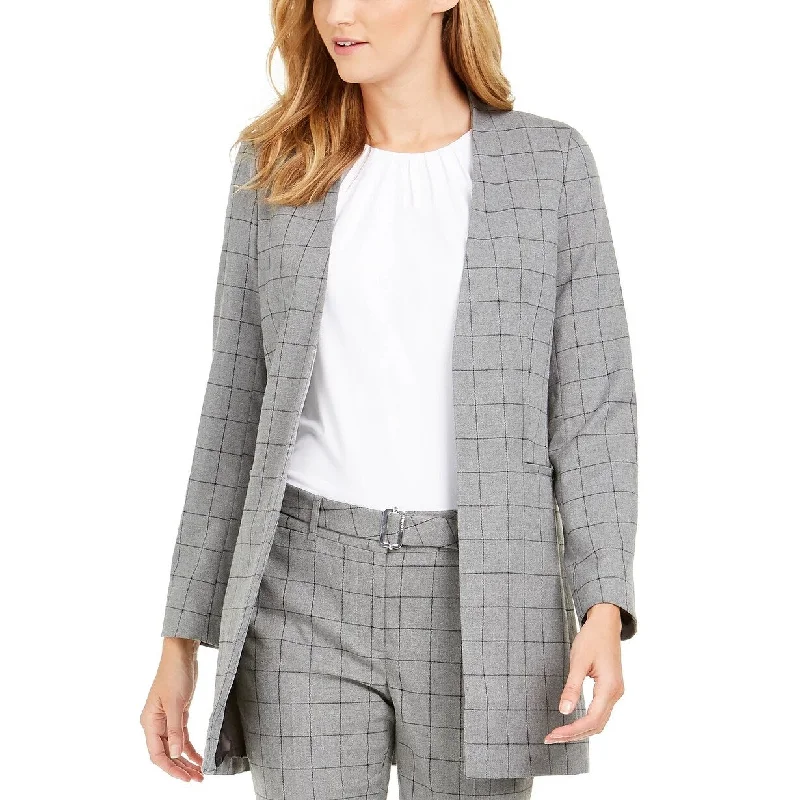 Calvin Klein Women's Petite Collarless Plaid Topper Jacket Gray Size 14