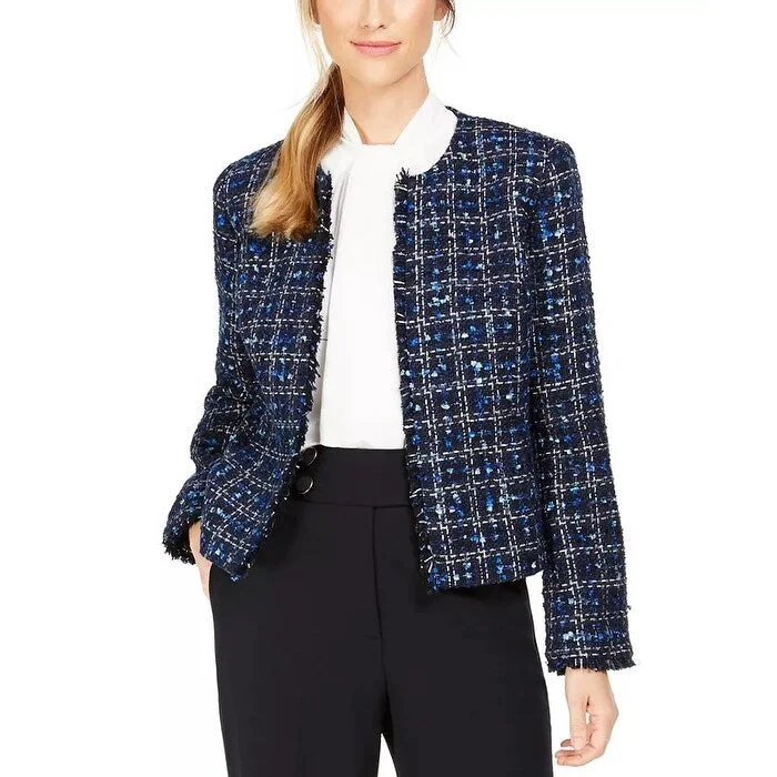 Calvin Klein Women's Tweed Frayed-Edge Jacket Blue Size 0