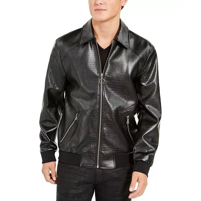 INC International Concepts Men's Wild Embossed Coach Faux Leather Jacket Black Size Large