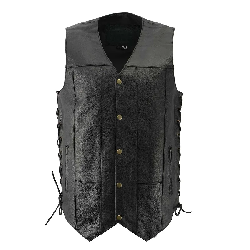 Men’s XS106 10-Pocket Classic Black Side Laced Biker Leather Vest