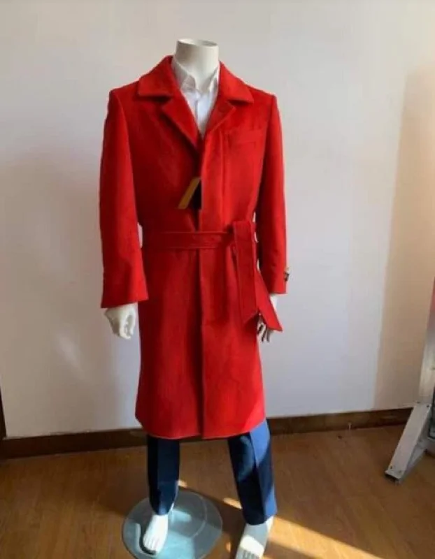 Mens Overcoat - Topcoat For Men - Winter Fabric - Full Length Overcoat - Wool Belted Topcoat Red