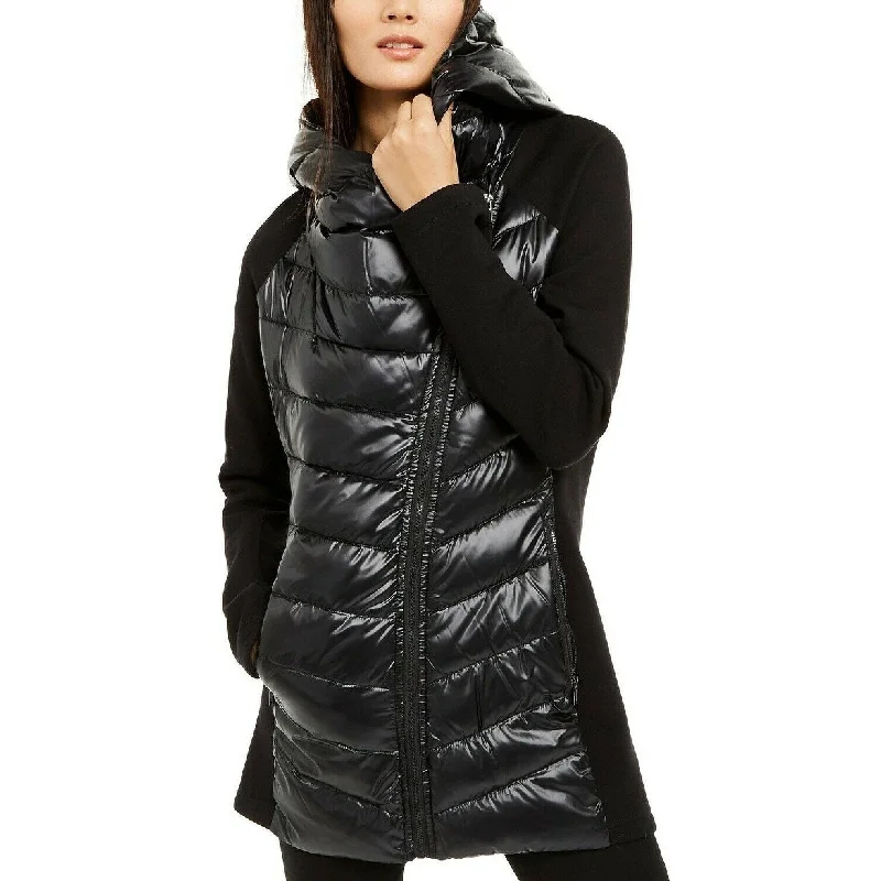 Calvin Klein Women's Asymmetrical Mixed-Media Puffer Jacket Black Size Large