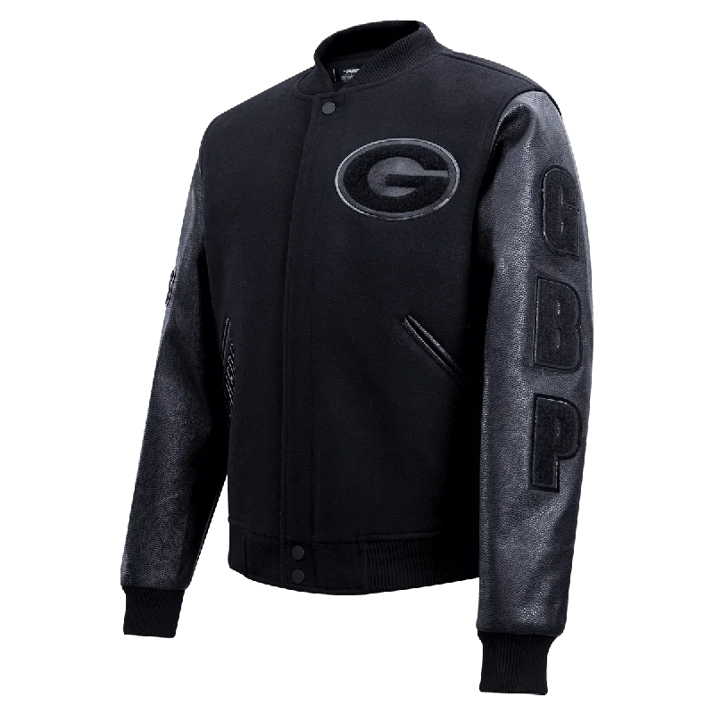 NFL GREEN BAY PACKERS TRIPLE BLACK LOGO MEN'S VARSITY JACKET (TRIPLE BLACK)