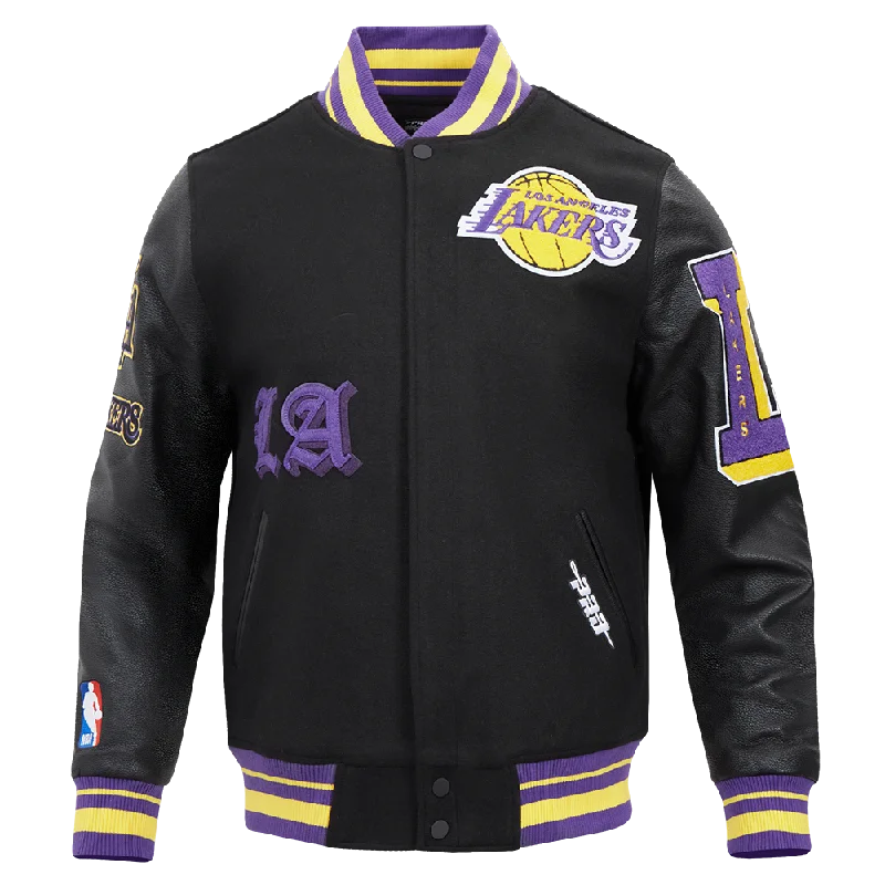 NBA LOS ANGELES LAKERS OLD ENGLISH MEN'S RIB WOOL VARSITY JACKET (BLACK/PURPLE)