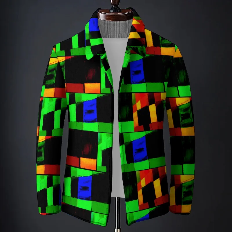 Fluorescent Color Geometry Printed Long-Sleeved Woolen Coat 2409011501