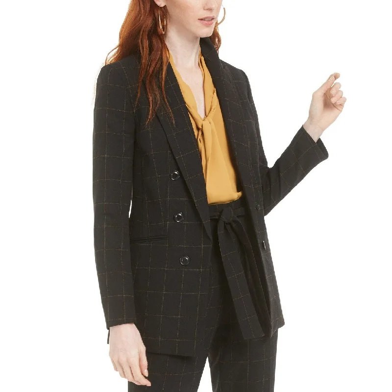 Bar III Women's Faux-Double-Breasted Windowpane-Print Jacket Black Size 16