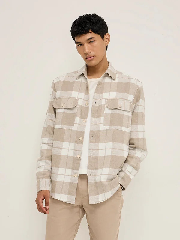 Nuon Beige Checks Design Relaxed-Fit Cotton Shirt