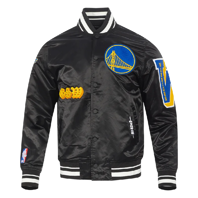 NBA GOLDEN STATE WARRIORS OLD ENGLISH MEN'S RIB SATIN JACKET (BLACK)