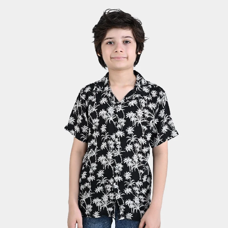 Boys Cotton Viscose Casual Shirt H/S (Palm Trees)-BLACK