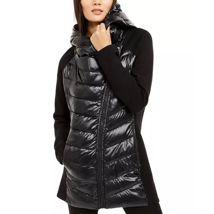 Calvin Klein Women's Asymmetrical Mixed-Media Puffer Jacket Black Size Small