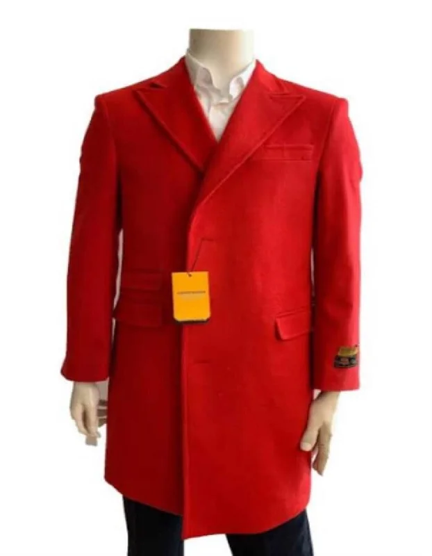 Mens Overcoat - Topcoat For Men - Winter Fabric - Men's Overcoat - Wool Three Quarter Car coat + Red