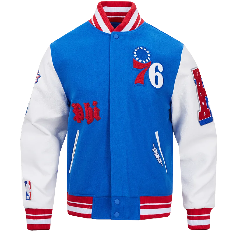 NBA PHILADELPHIA 76ERS OLD ENGLISH MEN'S RIB WOOL VARSITY JACKET (ROYAL BLUE/RED)