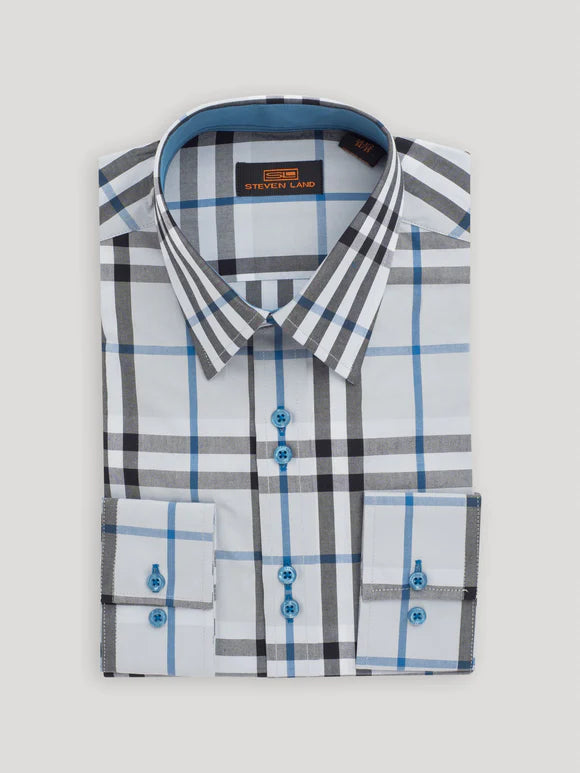 Steven Land Mens Blue Plaid Classic Fit 100% Cotton Dress Shirt