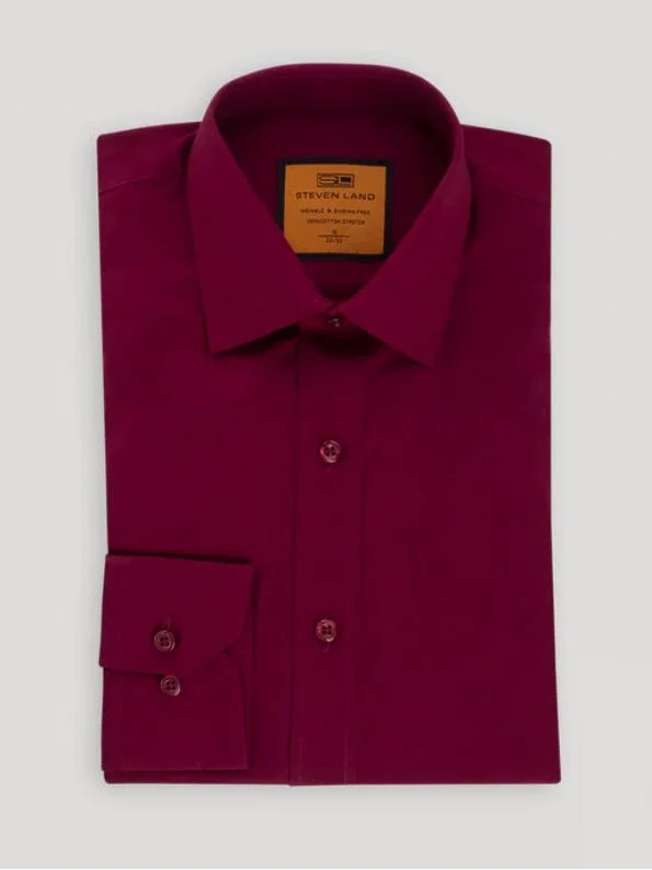 Steven Land Men's Solid Burgundy Spread Collar Wrinkle Free Cotton Dress Shirt