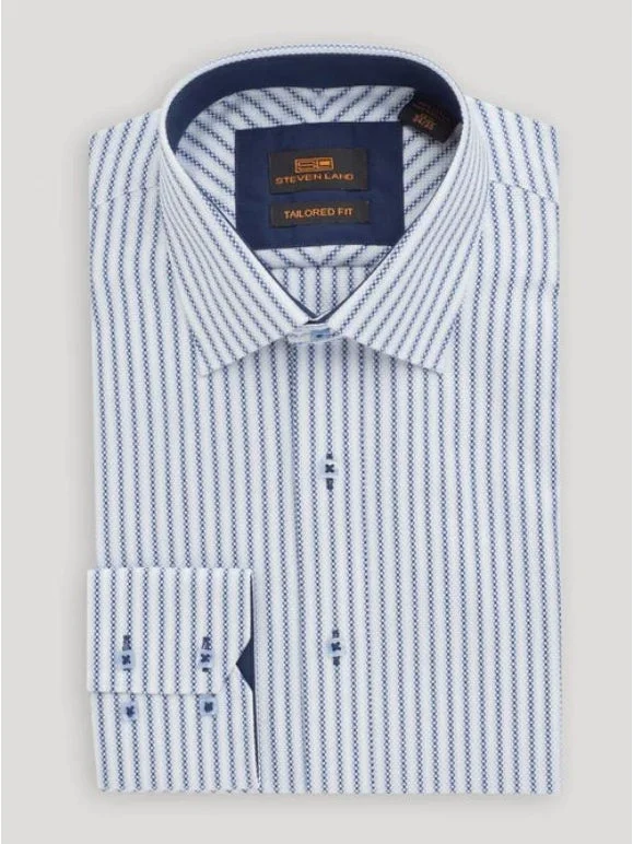 Steven Land Mens Classic Fit White & Navy Blue Striped 100% Cotton Dress Shirt