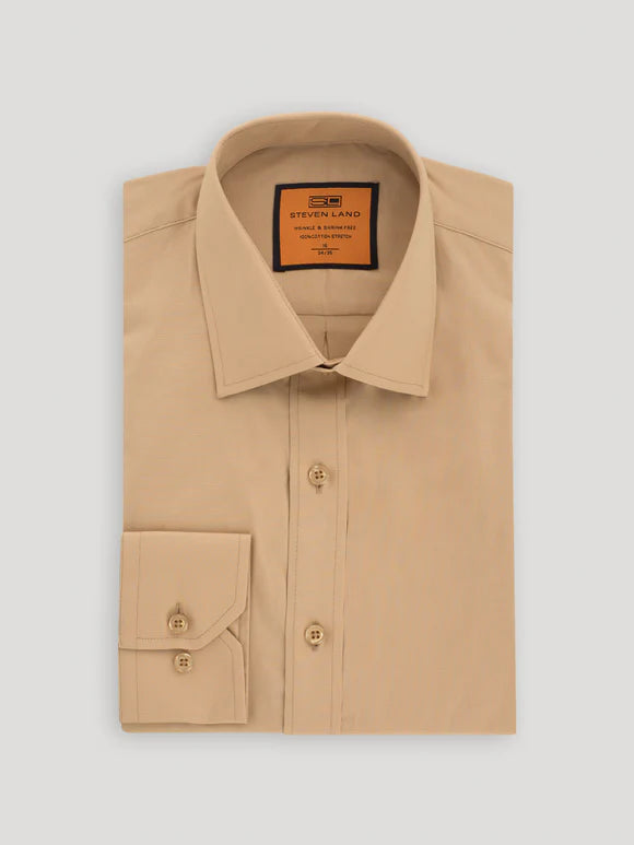 Steven Land Men's Solid Khaki Tan Spread Collar Wrinkle Free Cotton Dress Shirt