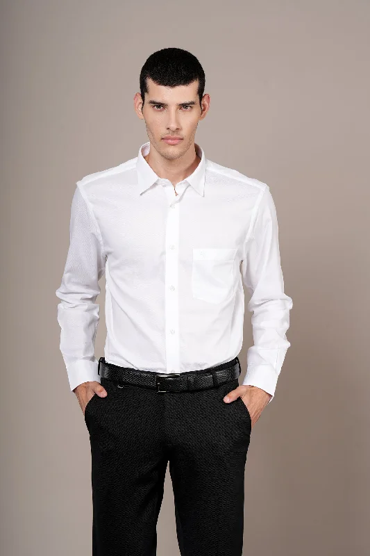 Men's White Self Design Full Sleeves Formal Shirt