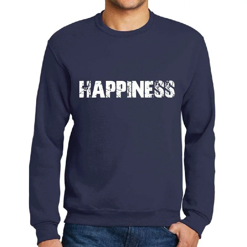 Men's Printed Graphic Sweatshirt Popular Words HAPPINESS French Navy